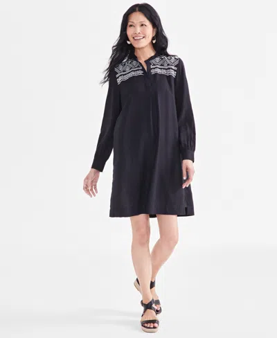 Style & Co Women's Embroidered Pullover Long-sleeve Dress, Created For Macy's In Black Embroidery