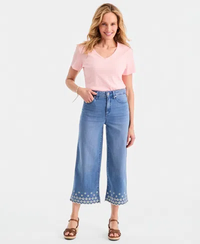 Style & Co Women's Embroidered Scallop High-rise Wide-leg Cropped Jeans, Macy's Exclusive In Blue