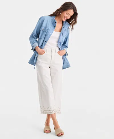 Style & Co Women's Embroidered Scallop High-rise Wide-leg Cropped Jeans, Macy's Exclusive In White