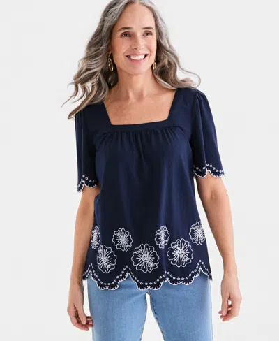 Style & Co Style Co Womens Embroidered Scalloped Knit Top Macys Exclusive In Blue