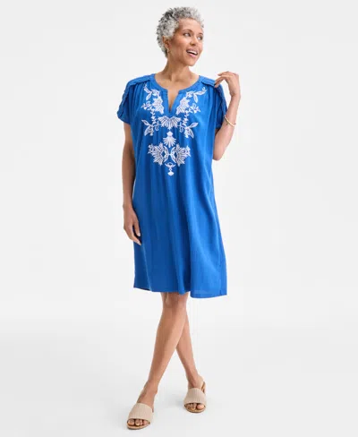 Style & Co Women's Embroidered Split-neck Dress, Exclusively At Macy's In Blue