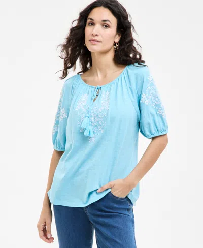 Style & Co Women's Embroidered Split-neck Tasseled-tie Top, Exclusively At Macy's In Blue