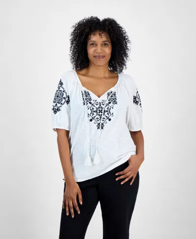 STYLE & CO WOMEN'S EMBROIDERED SPLIT-NECK TASSELED-TIE TOP, EXCLUSIVELY AT MACY'S