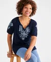 Style & Co Women's Embroidered Split-neck Tasseled-tie Top, Exclusively At Macy's In Blue