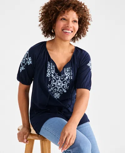 Style & Co Women's Embroidered Split-neck Tasseled-tie Top, Exclusively At Macy's In Blue