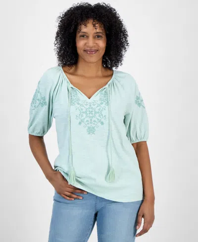 Style & Co Women's Embroidered Split-neck Tasseled-tie Top, Exclusively At Macy's In Mint