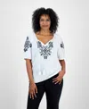 Style & Co Women's Embroidered Split-neck Tasseled-tie Top, Exclusively At Macy's In Natural
