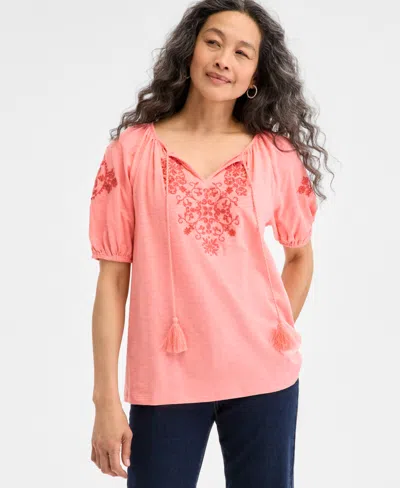 Style & Co Women's Embroidered Split-neck Tasseled-tie Top, Exclusively At Macy's In Rose