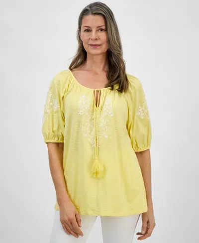 Style & Co Women's Embroidered Split-neck Tasseled-tie Top, Regular & Petite, Exclusively At Macy's In Yellow