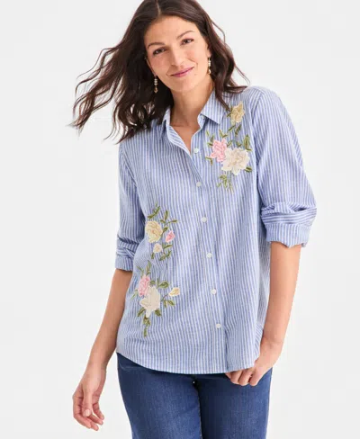 Style & Co Women's Embroidered Stripe Perfect Shirt, Macy's Exclusive In Blue