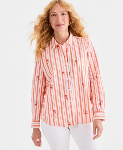 Style & Co Women's Embroidered Stripe Perfect Shirt, Macy's Exclusive In Red