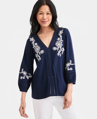 Style & Co Style Co Womens Embroidered V Neck 3 4 Sleeve Top Macys Exclusive In Blue