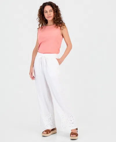 Style & Co Women's Embroidery Linen Blend Pull-on Pants, Macy's Exclusive In White