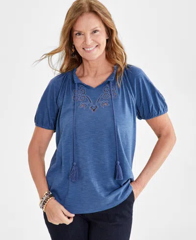 Style & Co Petite Sandy Embroidery Vacay Top, Created For Macy's In Sandy Uniform Blue