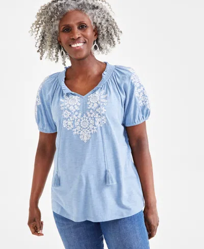Style & Co Women's Embroidery Vacay Top, Xs-3x, Created For Macy's In Blue Fog