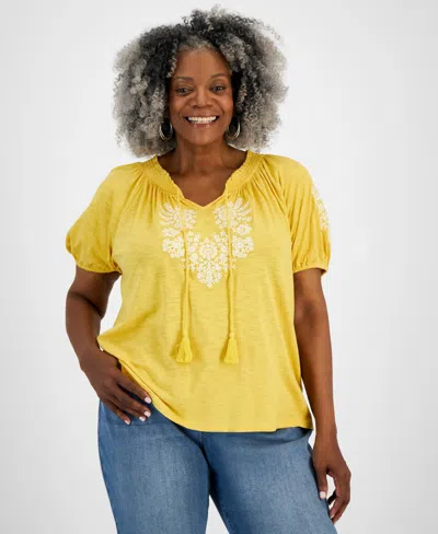 Style & Co Women's Embroidery Vacay Top, Xs-3x, Created For Macy's In Cornmeal Yellow