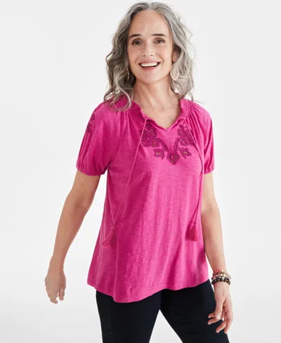 Style & Co Petite Sandy Embroidery Vacay Top, Created For Macy's In Sandy Fuchsia