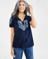 Style & Co Women's Embroidered Split-neck Tasseled-tie Top, Exclusively At Macy's In Industrial Blue