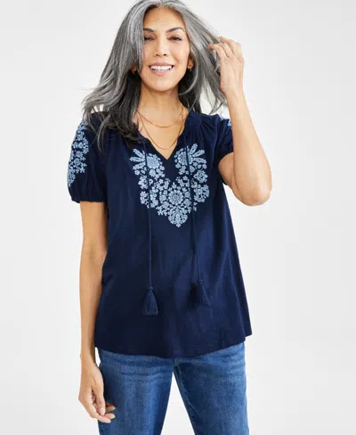 Style & Co Women's Embroidered Split-neck Tasseled-tie Top, Exclusively At Macy's In Industrial