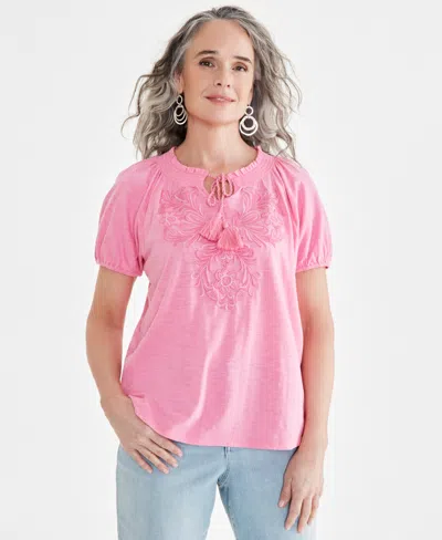 Style & Co Petite Escape Embroidery Vacay Top, Created For Macy's In Escape Pink
