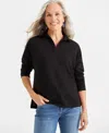 Style & Co Petite Heathered Johnny Collar Fleece Top, Created For Macy's In Deep Black