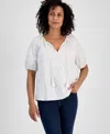 Style & Co Women's Floral-applique Cotton Peasant Top, Exclusively At Macy's In White