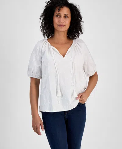 Style & Co Women's Floral-applique Cotton Peasant Top, Exclusively At Macy's In White