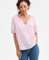 Style & Co Women's Floral-applique Cotton Peasant Top, Exclusively At Macy's In Pink Heart