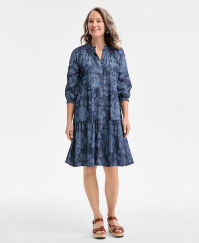 Style & Co Women's Floral Chambray 3/4-sleeve Tiered Dress, Exclusively At Macy's In Floral Ind