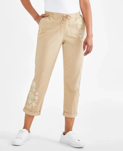 Style & Co Petite Floral-embroidered Twill-tape Pants, Created For Macy's In Travertine Tile