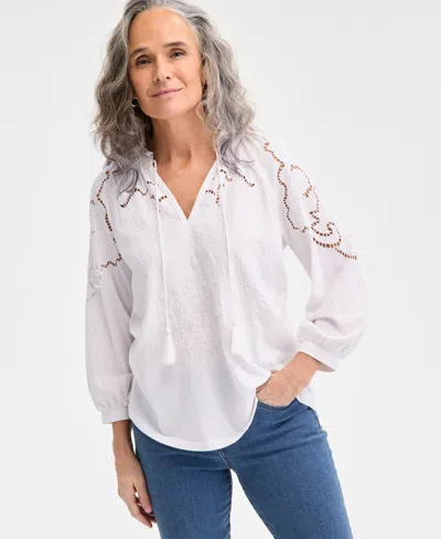 Style & Co Women's Floral-embroidered Tasseled-tie Top, Exclusively At Macy's