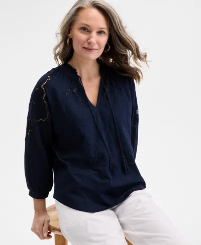 Style & Co Women's Floral-embroidered Tasseled-tie Top, Exclusively At Macy's