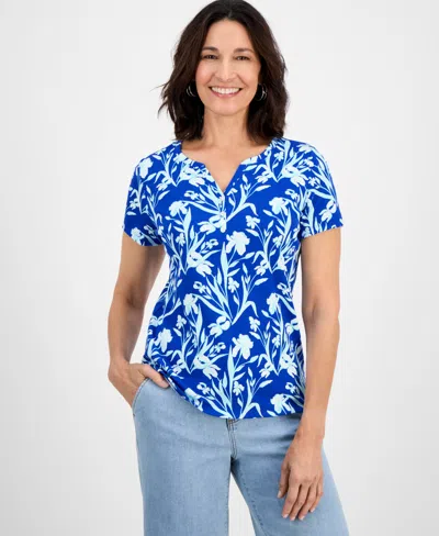 Style & Co Women's Floral-print Short-sleeve Cotton Henley Top, Exclusively At Macy's In Blue