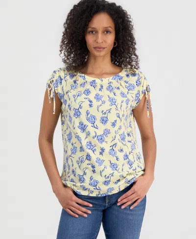 Style & Co Women's Floral-print Boat-neck Ruched-sleeve Top, Macy's Exclusive In Blue