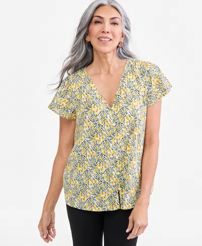 Style & Co Women's Flutter Blouse Floral-print Short Flutter Sleeves, Macy's Exclusive In Yellow