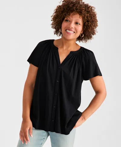 Style & Co Women's Flutter-sleeve Gathered-neck Top, Exclusively At Macy's In Black
