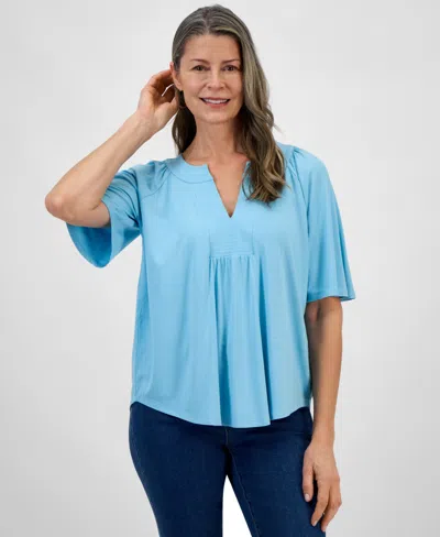 Style & Co Women's Flutter-sleeve Split-neck Top, Exclusively At Macy's In Aqua Swirl