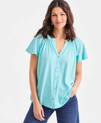 Style & Co Women's Flutter-sleeve Gathered-neck Top, Exclusively At Macy's In Blue