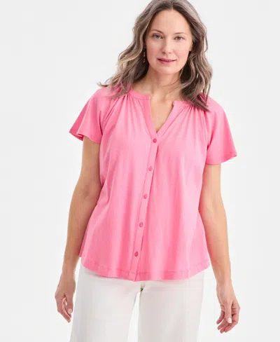 Style & Co Women's Flutter-sleeve Gathered-neck Top, Exclusively At Macy's In Pink