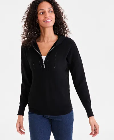 Style & Co Women's Front-zip Long-sleeve Hoodie Sweater, Exclusively At Macy's In Deep Black