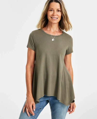 Style & Co Women's Handkerchief-hem T-shirt, Created For Macy's In Olive Drab