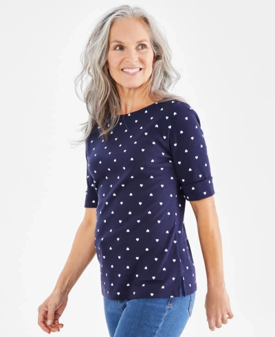 Style & Co Women's Heart-print Elbow-sleeve Knit Top, Regular & Petite, Created For Macy's In Navy Heart