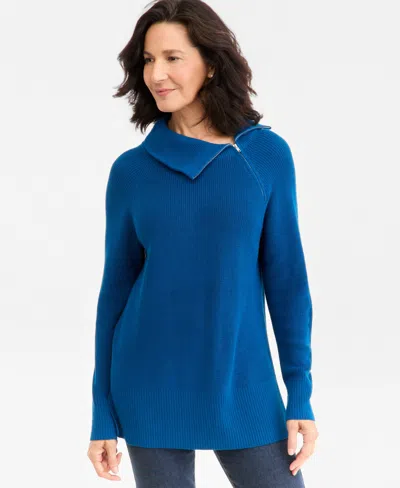 Style & Co Women's High-neck Zip Cotton Sweater, Macy's Exclusive In Blue