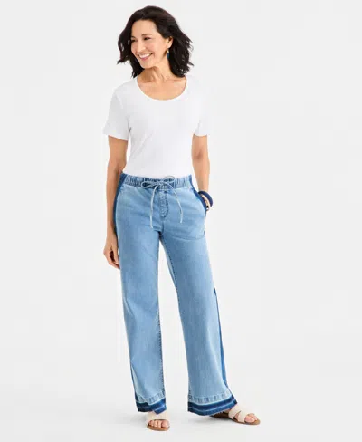 Style & Co Women's High-rise Two-tone Pull-on Wide-leg Jeans, Macy's Exclusive In Blue