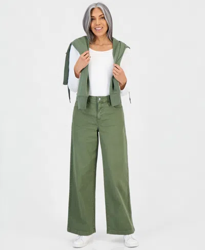 Style & Co Women's High-waist Wide-leg Cotton-blend Pants, Macy's Exclusive In Green