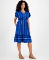 Style & Co Women's Jacquard Cotton Flutter-sleeve Dress, Exclusively At Macy's In Blue
