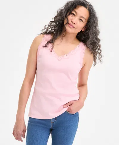 Style & Co Women's Lace-trim Cotton Tank Top, Created For Macy's