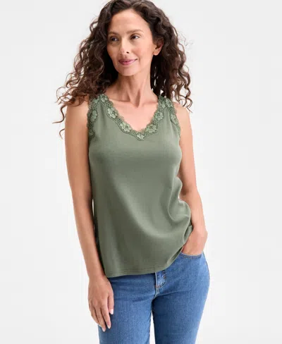 STYLE & CO WOMEN'S LACE-TRIM COTTON TANK TOP, EXCLUSIVELY AT MACY'S