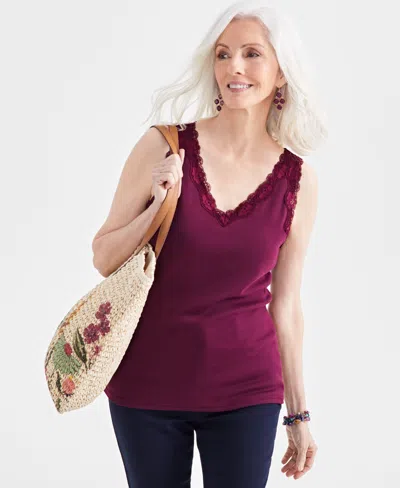 Style & Co Women's Lace-trim Cotton Tank Top, Created For Macy's In Berried Treasur