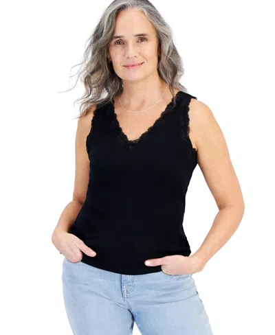 Style & Co Women's Cotton Scalloped V-neck Sleeveless Top, Exclusively At Macy's In Deep Black